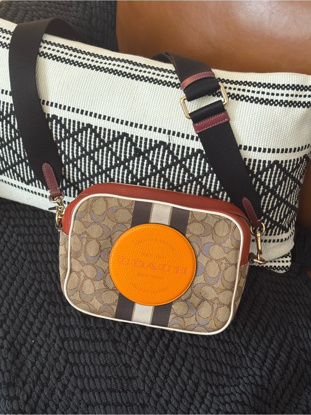 Coach Signature Stripe Crossbody Bag in Brown and Orange - Picture 1 of 9